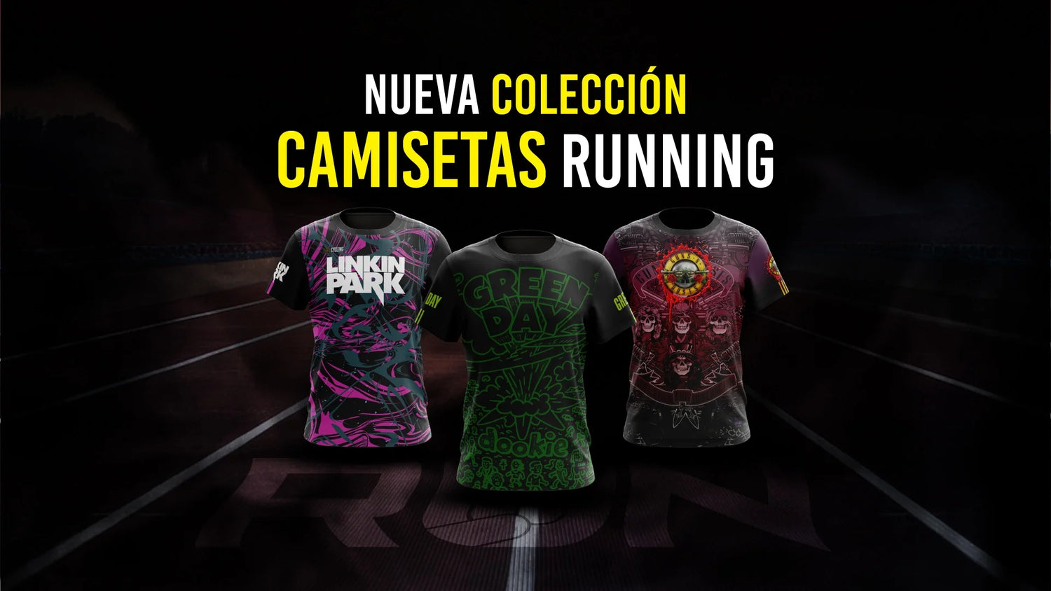 Colección Camisetas Running Linkin Park, Green Day, Guns Roses
